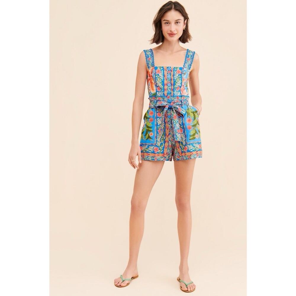 NWT Farm Rio Stitched Garden Blue Shorts Romper Blue Floral One Piece Small